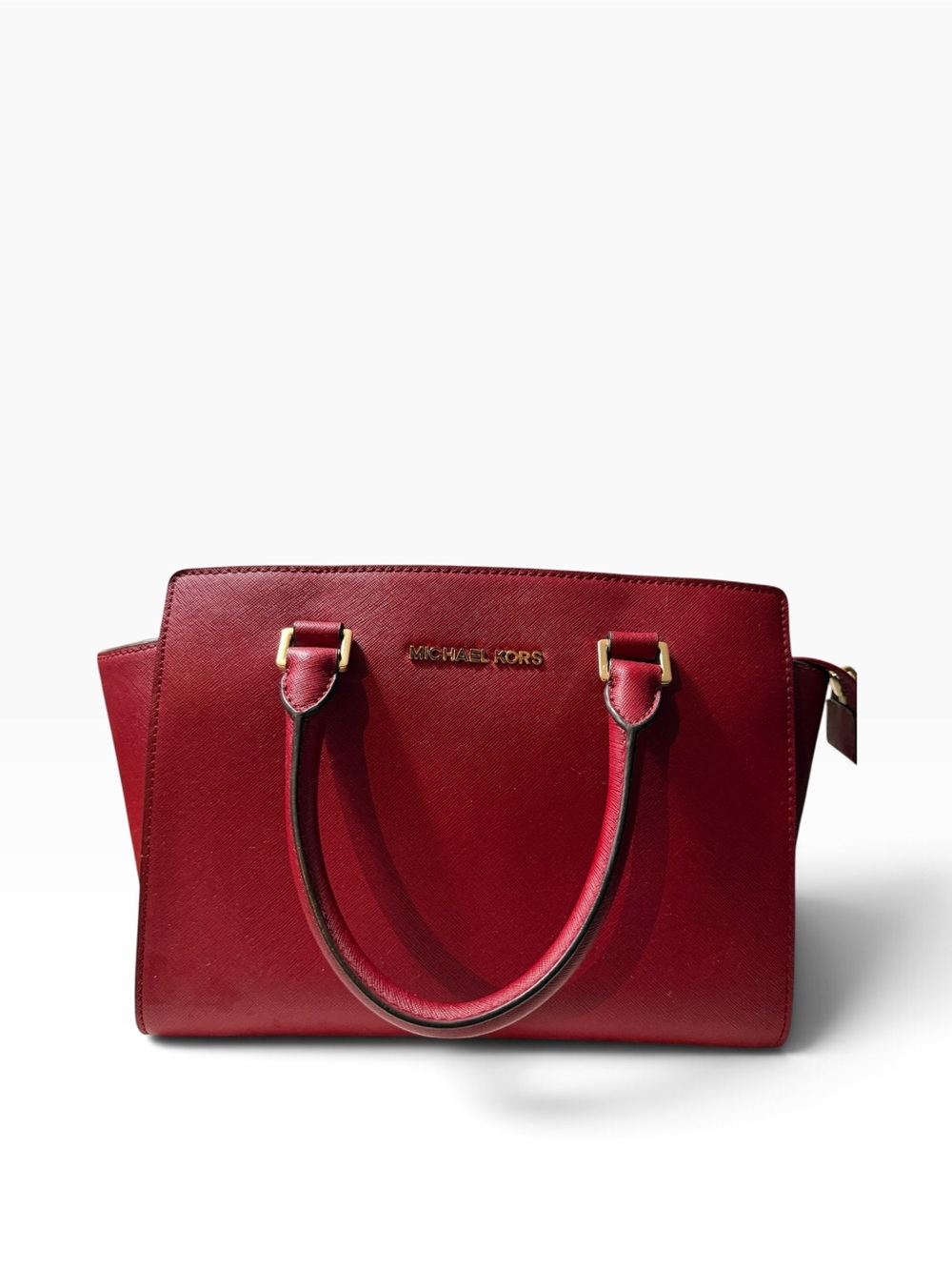 Michael Kors Burgundy Saffiano Leather Satchel with Gold Hardware
